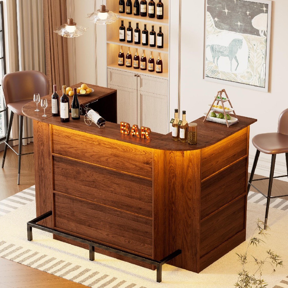 Jisudadai PAKASEPT Home Unit Bar Cabinet with LED Light & Stemware Holders, 3 Tier Liquor Bar Wooden Storage Cabinet, Modern U-Shaped Liquor Table Cabinet for Living Room, Dining Room