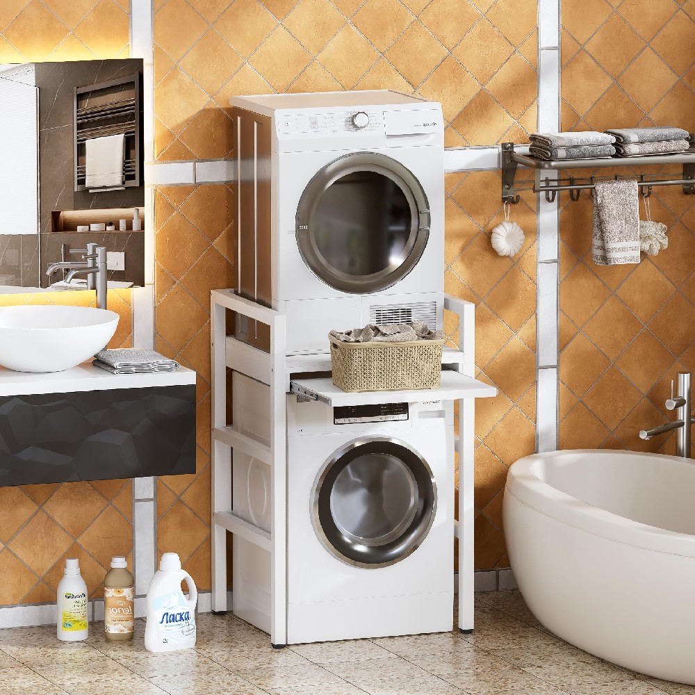 houcheyai MSFE Regal über Waschmaschine mit Regalbrett, Höhenverstellbarer Wäschetrocknerständer, Verbindungsrahmen Kit für Waschmaschine & Trockner,Tragfähigkeit 350 kg,Patentiertes Produkt,73 * 64 * 115cm